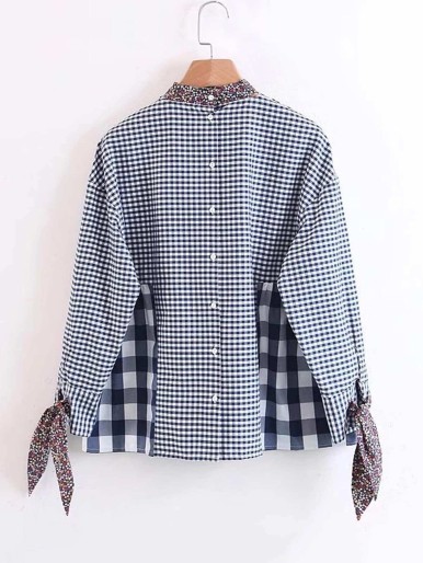 Calico Tie Gingham Babydoll Blouse