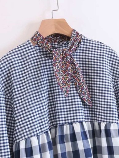 Calico Tie Gingham Babydoll Blouse