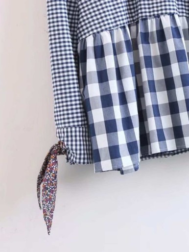 Calico Tie Gingham Babydoll Blouse