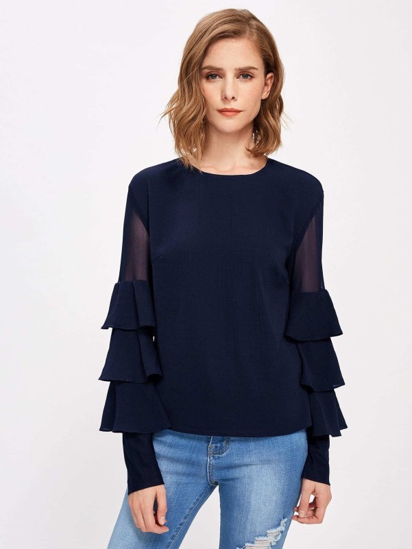 Mesh Insert Tiered Bell Sleeve Blouse
