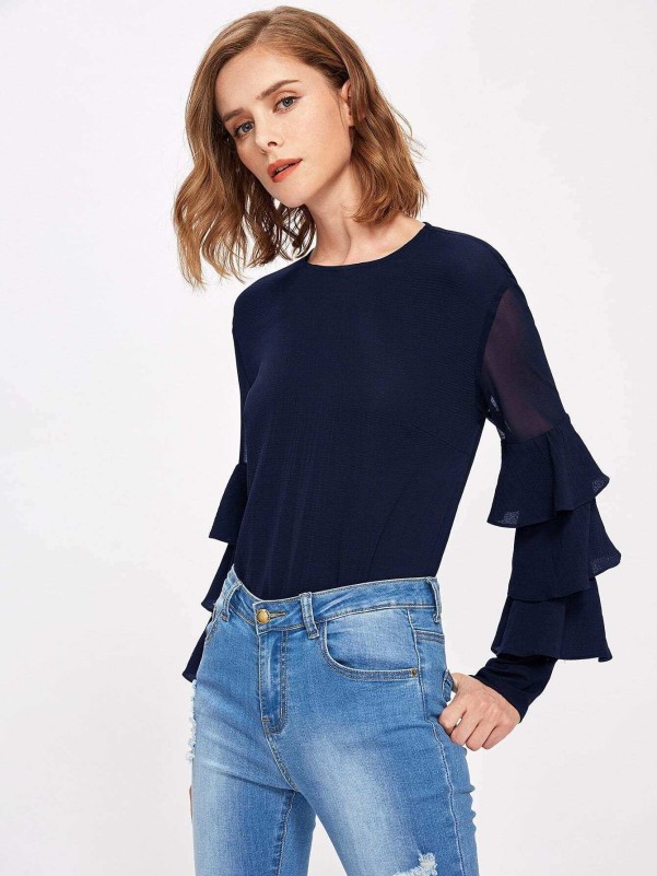 Mesh Insert Tiered Bell Sleeve Blouse
