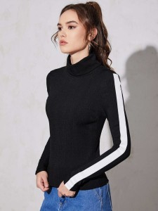 SHEIN Mock-Neck Contrast Sideseam Rib-knit Top