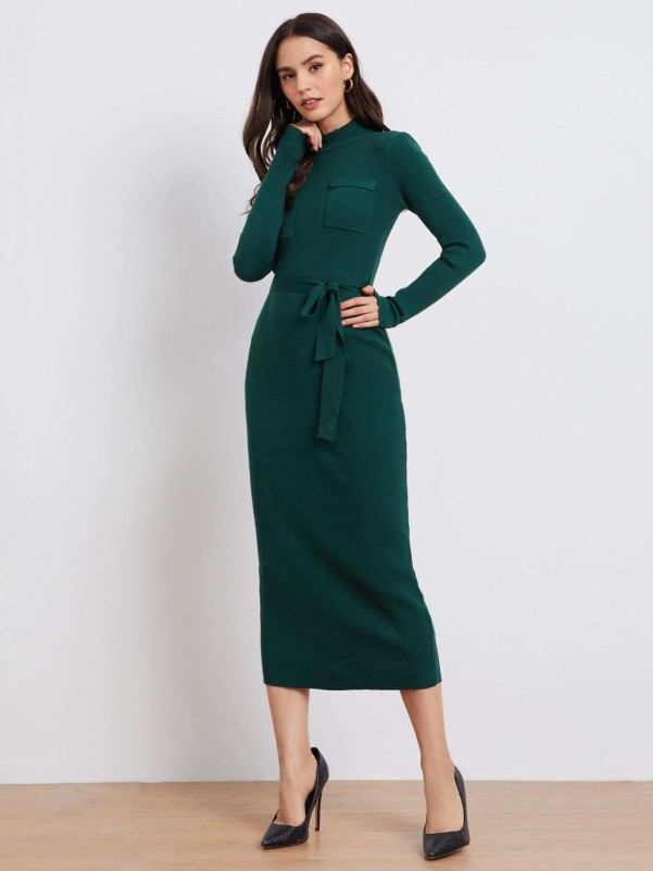 SHEIN Mock-Neck Flap Pocket Front Self Belted Sweater Dress