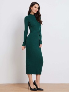 SHEIN Mock-Neck Flap Pocket Front Self Belted Sweater Dress