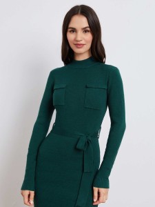 SHEIN Mock-Neck Flap Pocket Front Self Belted Sweater Dress