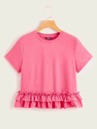 SHEIN Neon Pink Layered Ruffle Hem Top