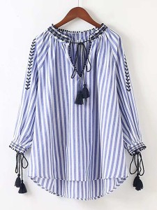 Vertical Striped Embroidery Tassel Tie High Low Blouse