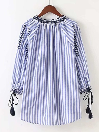 Vertical Striped Embroidery Tassel Tie High Low Blouse