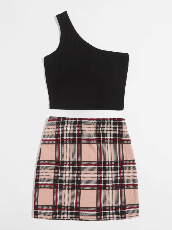 SHEIN Privé Solid Crop Cami Top & Tartan Skirt Set