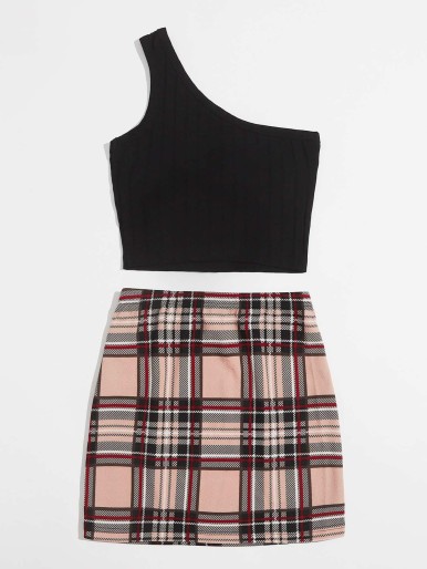 SHEIN One Shoulder Top and Tartan Skirt Set