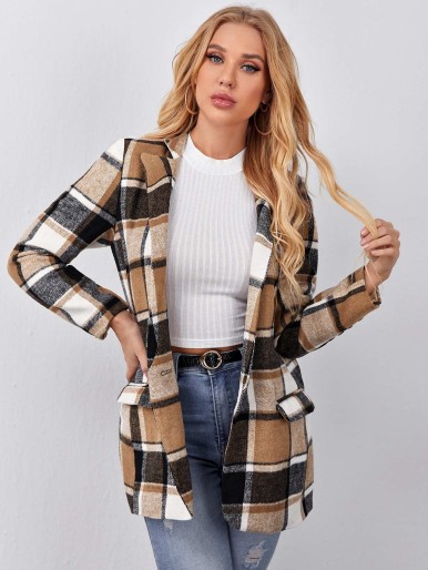 SHEIN Peak Collar Plaid Overcoat