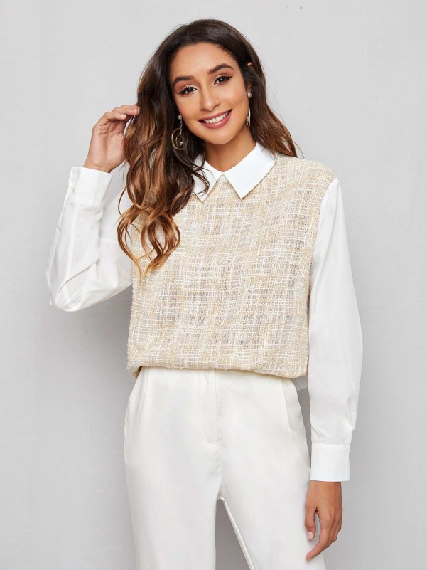 SHEIN Peter-pan-collar Mixed Media Tweed Top