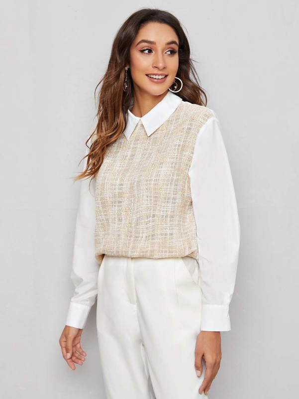 SHEIN Peter-pan-collar Mixed Media Tweed Top