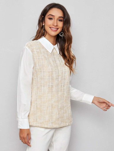 SHEIN Peter-pan-collar Mixed Media Tweed Top