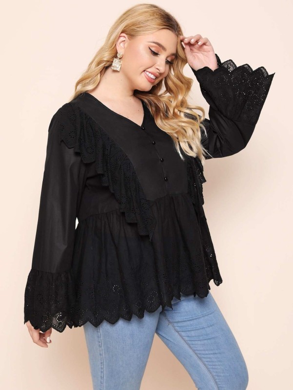 SHEIN Plus Button Front Flounce Sleeve Peplum Top