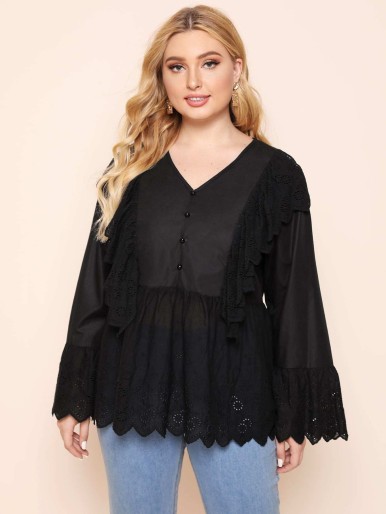 SHEIN Plus Button Front Flounce Sleeve Peplum Top