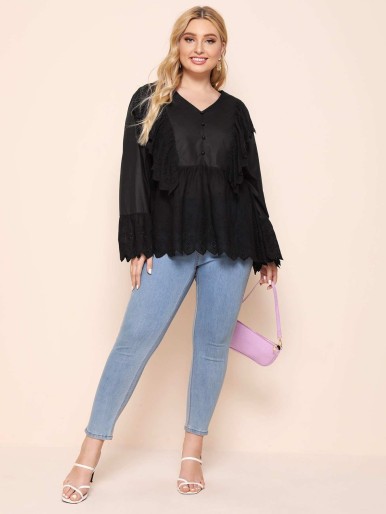 SHEIN Plus Button Front Flounce Sleeve Peplum Top