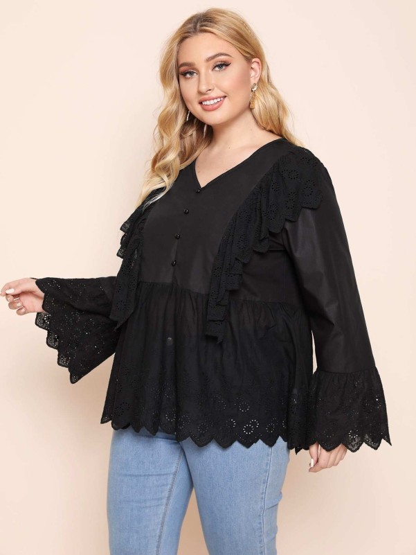 SHEIN Plus Button Front Flounce Sleeve Peplum Top