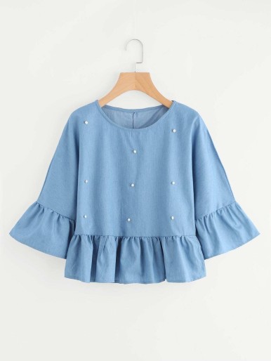 Bead Decreation Ruffle Sleeve And Hem Blouse