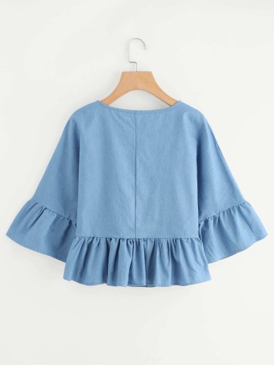 Bead Decreation Ruffle Sleeve And Hem Blouse