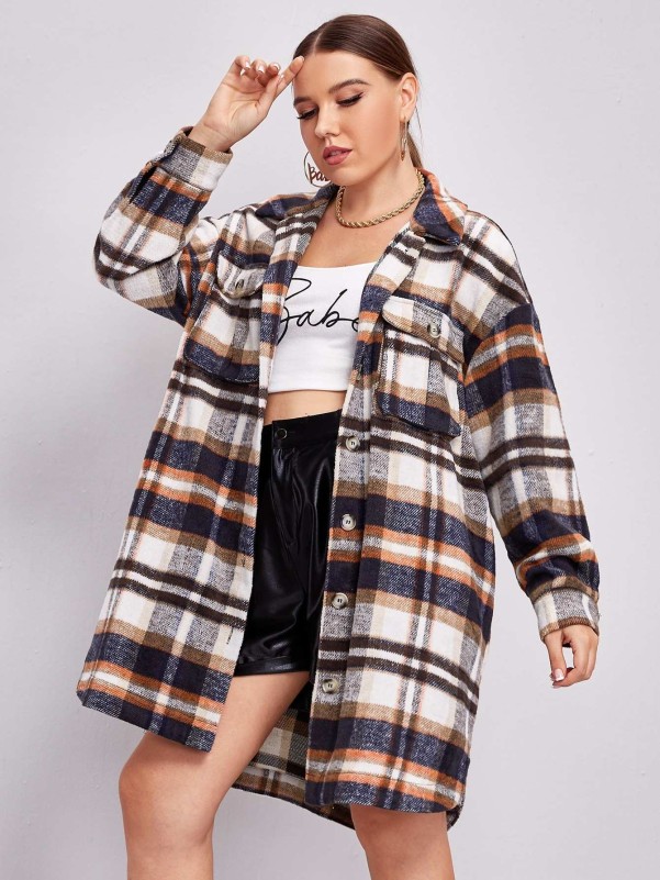 SHEIN Plus Collared Flap Pocket Front Plaid Coat