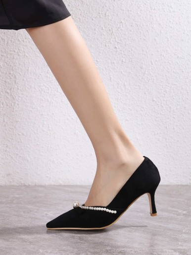 Faux Pearl Decor Stiletto Court Heels