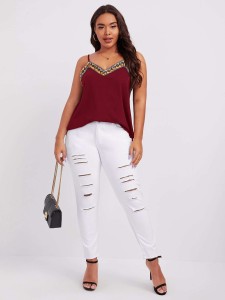 SHEIN Plus Double V-Neck Embroidered Tape Cami Top