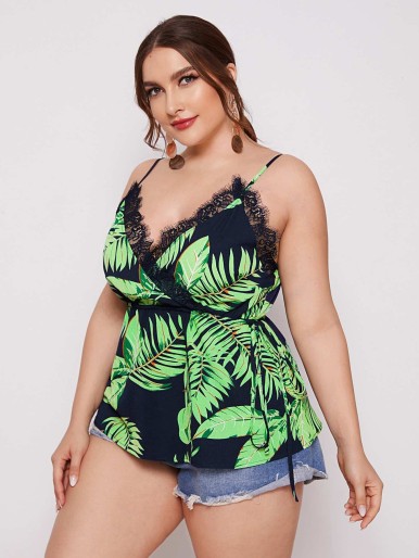 SHEIN Plus Drawstring Waist Lace Detail Tropical Print Cami Top