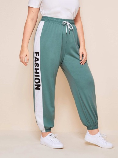 SHEIN Plus Drawstring Waist Letter Graphic Striped Side Joggers