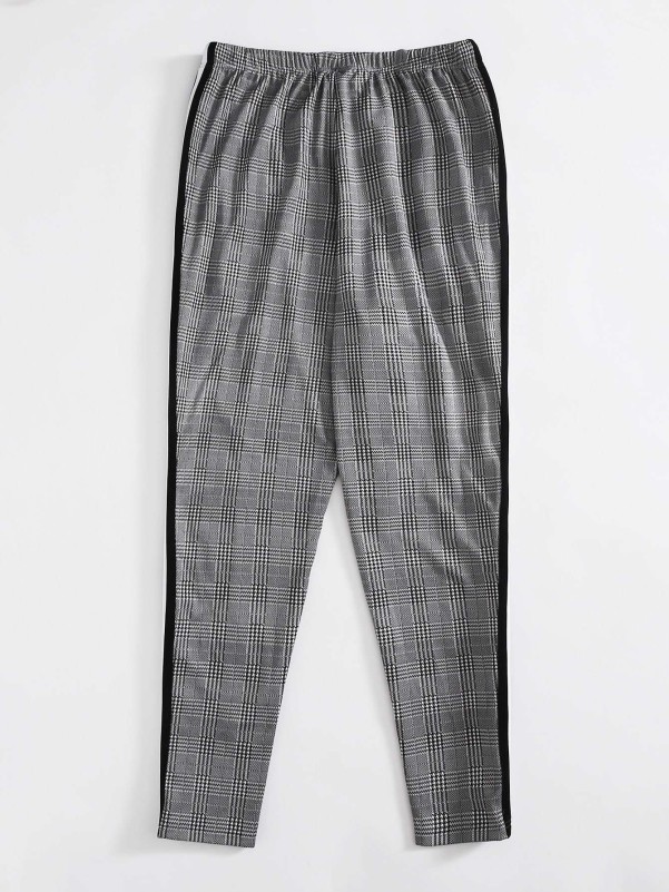 SHEIN Plus Drawstring Waist Striped Tape Plaid Pants