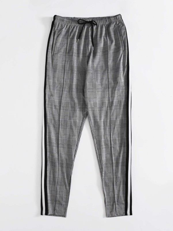 SHEIN Plus Drawstring Waist Striped Tape Plaid Pants