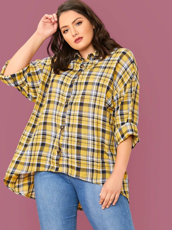 SHEIN Plus Drop Shoulder Dip Hem Tartan Blouse