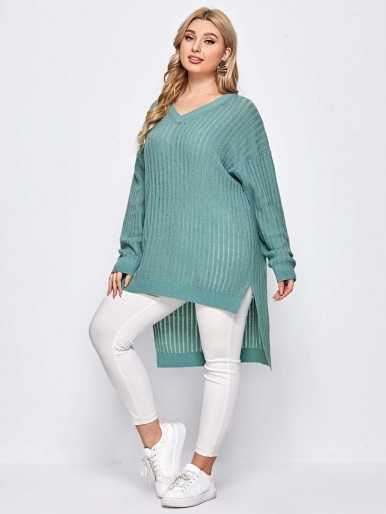 SHEIN Plus Drop Shoulder Split High-low Hem Sweater