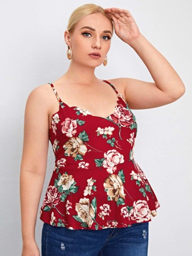 SHEIN Plus Floral Print Scallop Trim Peplum Cami Top