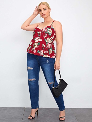 SHEIN Plus Floral Print Scallop Trim Peplum Cami Top