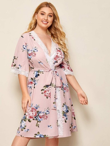 SHEIN Plus Lace Trim Self Belted Floral Robe