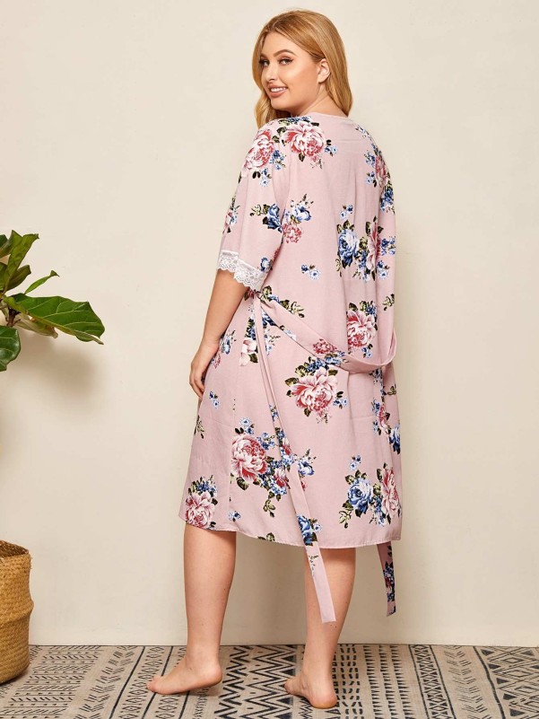 SHEIN Plus Lace Trim Self Belted Floral Robe