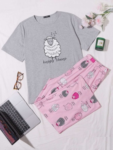 SHEIN Plus Letter And Sheep Print Top & Pants PJ Set