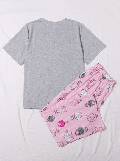 SHEIN Plus Letter And Sheep Print Top & Pants PJ Set