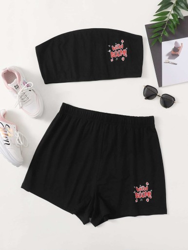 SHEIN Plus Letter Graphic Tube Top & Shorts Set