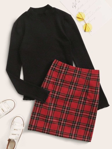 SHEIN Plus Lettuce Edge Rib-knit Tee and Tartan Skirt Set