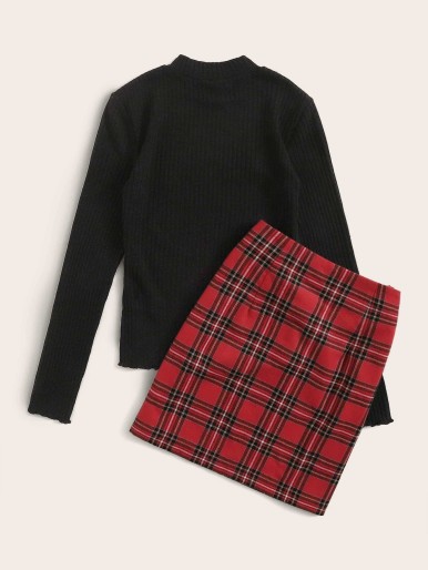 SHEIN Plus Lettuce Edge Rib-knit Tee and Tartan Skirt Set