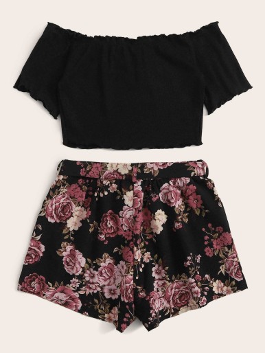 SHEIN Plus Off Shoulder Lettuce Trim Top & Floral Shorts Set