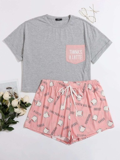 SHEIN Plus Pocket Patched Cuffed Tee Letter Graphic Shorts PJ Set