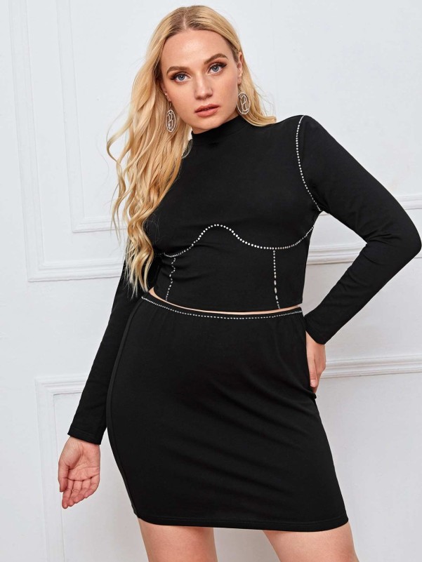 SHEIN Plus Rhinestone Detail Crop Tee & Skirt Set