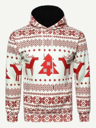 Men Christmas Fairisle Print Hooded Sweatshirt