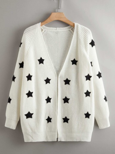 SHEIN Plus Star Embroidered Raglan Sleeve Cardigan