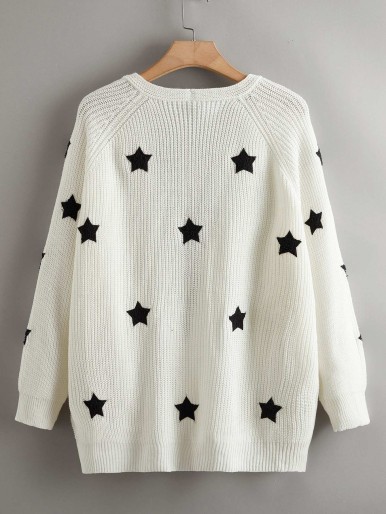 SHEIN Plus Star Embroidered Raglan Sleeve Cardigan