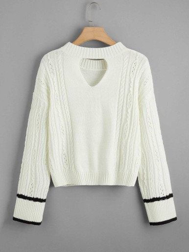 SHEIN Plus Striped Trim Drop Shoulder Cable Knit Sweater