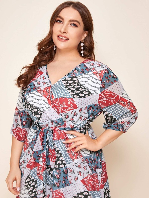 Mixed Print Bell Sleeve Self Belted Hijab Dress